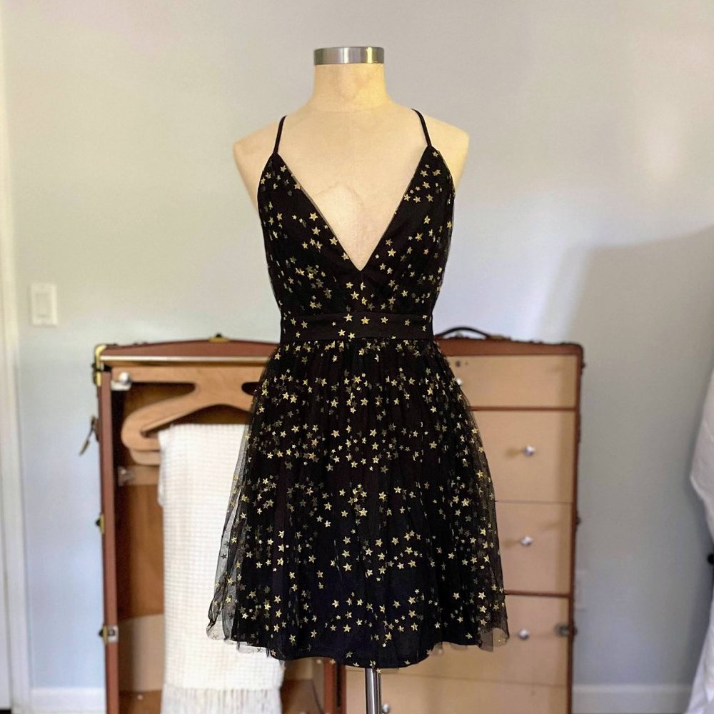 LuLus Favorite Moment Star Cocktail Tulle Dress with Sparkly Gold Stars | Medium